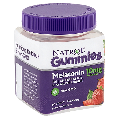 Dietary Supplement    Fall asleep faster, stay asleep longer  •    •This statement has not been evaluated by the Food and Drug Administration. This product is not intended to diagnose, treat, cure or prevent any disease.    Your Sweetest Sleep Yet  Natrol Melatonin Gummies contain less sugar, carbs & calories per 5 mg of melatonin than other leading gummies and they taste great, proving you don't have to sacrifice flavor for quality.    Natrol gummies are made with fruit pectin so they are vegetarian, less melty and less sticky than gelatin gummies. Most importantly, they taste great! That's why they come with a satisfaction guarantee.  Try me, love me.   •    No: Milk, egg, fish, crustacean shellfish, tree nuts, peanuts, wheat, soybeans, yeast, artificial colors or flavors, preservatives.