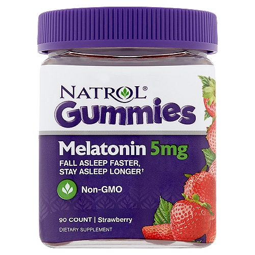 Dietary SupplementnnFall asleep faster, stay asleep longer†n†This statement has not been evaluated by the Food and Drug Administration. This product is not intended to diagnose, treat, cure or prevent any disease.nnYour Sweetest Sleep YetnNatrol® Melatonin Gummies contain less sugar, carbs & calories per 5 mg of melatonin than other leading gummies and they taste great, proving you don't have to sacrifice flavor for quality.nnNatrol® gummies are made with fruit pectin so they are vegetarian, less melty and less sticky than gelatin gummies. Most importantly, they taste great! That's why they come with a satisfaction guarantee.nTry me, love me. ♥nnNo: Milk, egg, fish, crustacean shellfish, tree nuts, peanuts, wheat, soybeans, yeast, artificial colors or flavors, preservatives.