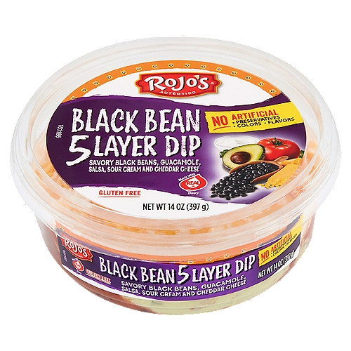 Rojo's Black Bean 5 Layer Dip, 14 oz
Savory Black Beans, Guacamole, Salsa, Sour Cream and Cheddar Cheese