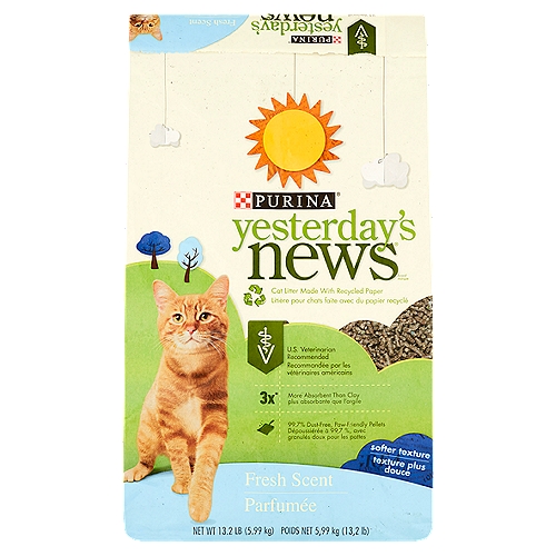 Purina Yesterday's News Fresh Scent Cat Litter, 13.2 lb
Cat Litter Made with Recycled Paper

U.S. veterinarian recommended
• #1 recommended eco-friendly cat litter
• #1 recommended cat litter following surgery

Healthy cat. Healthy home. Healthy world. Happy you.
Extra gentle on sensitive paws and 99.7% dust-free
3X* more absorbent than clay with low tracking and effective odor control
Made with recycled paper
*By volume compared to clay