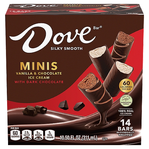 Contains one (1) 14-piece box of assorted DOVE Dark Chocolate Coated Mini Vanilla and Chocolate Ice Cream Bars Variety Pack
Unwind with our cool and creamy miniature treats made with rich vanilla and chocolate ice cream, coated in thick premium DOVE dark chocolate
Stock up on DOVE Ice Cream treats to elevate girls night into something special and guilt-free, with only 60 calories per bar!
DOVE Mini Ice Cream Bars are an individually wrapped high quality novelty treat that can help you unwind while reading a book, listening to music or scrolling the web
Lean into self care by also trying DOVE Dark Chocolate Raspberry Sorbet Bars and our DOVE Ice Cream Bars

Step into a moment of decadence with our premium DOVE Dark Chocolate Coated Mini Ice Cream Bar Assortment. Unwind after a long day with the taste of creamy vanilla ice cream or rich chocolate ice cream hand-dipped in thick and smooth DOVE dark chocolate. With 14 DOVE Dark Chocolate Coated Mini Ice Cream Bars in each variety pack box, this delicious simple frozen novelty is perfect for sharing with your besties or stocking the freezer for those moments of self-indulgence. From reading a book to listening to music to scrolling the web, our premium ice cream bars will elevate your relaxation time! Experience even more decadent DOVE Chocolate self care moments by trying our DOVE Dark Chocolate Raspberry Sorbet Bars. Add our assorted DOVE Dark Chocolate Coated Mini Chocolate & Vanilla Ice Cream Bars to your cart today for a luxurious tomorrow!