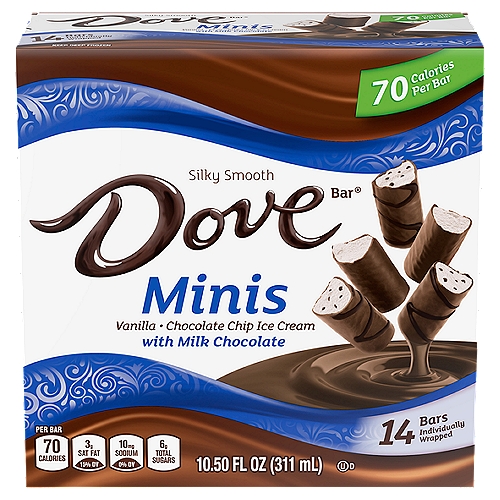 Dove Bar Minis Vanilla Chocolate Chip Ice Cream Bars with Milk Chocolate , 14 count, 10.50 oz
Unwrap a moment of bite-size pleasure with DOVE Minis Ice Cream Bars. This variety mix of ice cream bites are made with vanilla ice cream or with chocolate chip inclusions and covered in rich DOVE Milk Chocolate, and they are individually wrapped for small moments of chocolate joy. Stock a box of these scrumptious ice cream bars in your freezer to share with friends on movie nights, at summer picnics or parties. And at 60 calories per piece, DOVE Chocolate-covered Ice Cream Bars make it easy to celebrate everyday moments with just the right amount of deliciousness. For even more decadent DOVE Chocolate moments, also try DOVEBAR Sorbet Ice Cream Bars and DOVE Vanilla Ice Cream Bars.
