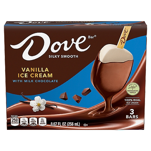 Dove Bar Vanilla with Milk Chocolate Ice Cream Bars, 3 count, 8.67 fl oz
Treat yourself to an experience like no other with DOVE Vanilla Ice Cream With Milk Chocolate Ice Cream Bars. Made with creamy vanilla ice cream and dipped in rich DOVE Milk Chocolate, these ice cream bars are a luxurious treat that doesn't need a special occasion to enjoy. With three DOVE Chocolate Ice Cream Bars in each box, this novelty is great for sharing with friends or for stocking the freezer for those moments you want to enjoy a cold treat. Celebrate everyday moments with the deliciousness of DOVE Ice Cream. For even more decadent DOVE Chocolate moments, also try DOVE Dark Chocolate Raspberry Sorbet Bars and DOVE Ice Cream Minis.