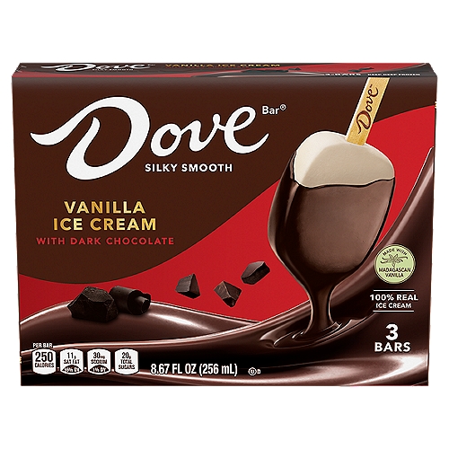 Contains one (1) box of 3 DOVE Vanilla Ice Cream Bars with Dark Chocolate Coating
Unwind with a cool treat made with the creamiest vanilla ice cream, coated in thick, premium DOVE dark chocolate
Made with love and care, our hand dipped DOVE Ice Cream Bars are great for sharing with the friends or escaping in a moment of self-indulgence
DOVE Ice Cream Bars are a high quality treat that can help you unwind, from reading a book to listening to music to scrolling the web, our premium hand dipped ice cream bars will elevate your relaxation time!
Lean into self care by also trying DOVE Dark Chocolate Raspberry Sorbet Bars and our DOVE Ice Cream Minis

Step into a moment of decadence and treat yourself to an experience like no other with our premium DOVE Vanilla Ice Cream Coated Dark Chocolate Bars. Unwind after a long day with the taste of creamy vanilla ice cream hand-dipped in thick and smooth DOVE dark chocolate. No special occasion is necessary to enjoy this decadent ice cream treat! With three DOVE Chocolate Dipped Ice Cream Bars in each box, this delicious simple frozen treat is perfect for sharing with your besties or stocking the freezer for those moments of self-indulgence. From reading a book to listening to music to scrolling the web, our premium ice cream bars will elevate your relaxation time! Experience even more delicious DOVE Chocolate self-care moments, by trying our DOVE Dark Chocolate Raspberry Sorbet Bars and our DOVE Ice Cream Minis. Add DOVE Vanilla Ice Cream Coated Dark Chocolate Bars to your cart today for a luxurious tomorrow!