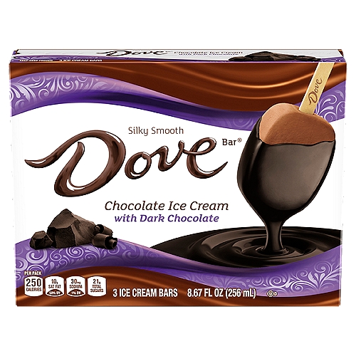 Dove Bar Chocolate Ice Cream Bars with Dark Chocolate, 3 count, 8.67 fl oz
Treat yourself to an experience like no other with DOVE Chocolate Ice Cream With Dark Chocolate Ice Cream Bars. Made with creamy chocolate ice cream and dipped in rich DOVE Dark Chocolate, these ice cream bars are a luxurious treat that doesn't need a special occasion to enjoy. With three DOVE Chocolate Ice Cream Bars in each box, this novelty is great for sharing with friends or for stocking the freezer for those moments you want to enjoy a cold treat. Celebrate everyday moments with the deliciousness of DOVE Ice Cream. For even more decadent DOVE Chocolate moments, also try DOVE Dark Chocolate Raspberry Sorbet Bars and DOVE Miniatures.