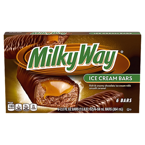 Milky Way Rich & Creamy Chocolate Ice Cream Bars with Smooth Caramel, 2.0 fl oz, 6 count
Made with creamy chocolate ice cream, smooth caramel and covered in a chocolate shell, MILKY WAY Ice Cream Bars are a delicious treat that take satisfaction to a new, frozen level. MILKY WAY Candy Ice Cream Bars are great for birthday parties, summer picnics or sharing with a friend. There's no wrong way to enjoy the deliciousness of a MILKY WAY Ice Cream Bar. Also try SNICKERS and TWIX Ice Cream Bars to get a taste of all of your favorite chocolate brands in ice cream.