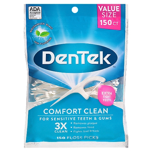 DenTek Comfort Clean Floss Picks Value Size, 150 count
Technically Advanced Solutions from Den Tek®:
This floss pick cleans your teeth and gently massages your gums with a soft, silky ribbon that is designed to stretch slightly for a softener feel. Using this floss pick consistently will help to strengthen your gums to the point where bleeding gums will be a thing of the past! and in addition, you're getting an advanced pick that includes the following features.
Mouthwash blast flavored floss with fluoride
Low profile, tongue scraper ridge on the handle