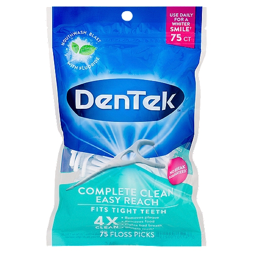 DenTek Complete Clean Easy Reach Floss Picks, 75 count
Use Daily for a Whiter Smile†

4x Clean
• Removes plaque
• Removes food
• Fights bad breath
• Whitens teeth†
† By removing plaque which can lead to unsightly tartar

All DenTek® Floss Picks
Reduce tooth decay