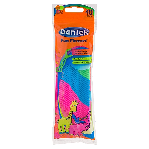 DenTek Fun Flossers Wild Fruit Floss Picks, 40 count
DenTek Floss Picks are clinically proven to remove plaque as effectively as dental floss*
*Clinical on file.

All DenTek Flossers
✓ Reduce tooth decay
✓ Fight bad breath

Fun Flossers Make Flossing Easy
Fits kids' teeth
Fits kids' hands