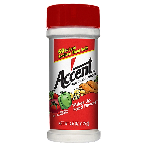 Ac'cent® Flavor Enhancer wakes up food flavor. With 60% less sodium than salt* Ac'cent® makes meats, poultry, vegetables, soups, and salads taste better.n*Salt contains 194mg sodium per 0.5g