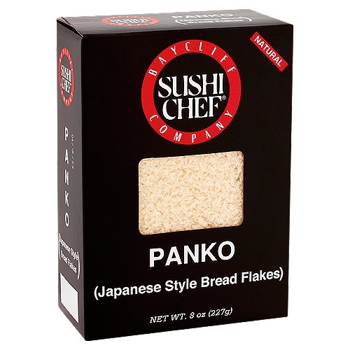Baycliff Company Sushi Chef Natural Panko Japanese Style Bread Flakes, 8 oz
Sushi Chef® Panko bread flakes are much lighter and crunchier than ordinary bread crumbs. These delicious bread flakes are made from bread baked using a traditional Japanese recipe. The loaves are slowly dried and then shredded into crispy flakes. Panko is basic to Japanese cuisine, but its texture and flavor can add excitement to all types of cooking!
Sushi Chef® Panko enhances recipes that call for traditional bread crumbs. Panko creates a deliciously crunchy crust on all types of fried food. These light bread flakes are a delightful addition to meatloaf and casserole toppings. Sprinkle Panko atop macaroni and cheese for a crispy, crunchy taste sensation. Try it on baked chicken! Use Sushi Chef® Panko to prepare scrumptious stuffed mushrooms or grilled tomatoes!