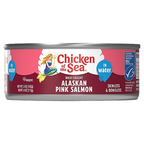 Chicken of the Sea Skinless Boneless Chunk Style Pink Salmon in Water, 5 oz
Heart healthy omega-3**
**Supportive but not conclusive research shows that consumption of EPA and DHA omega-3 fatty acids may reduce the risk of coronary heart disease. One serving of salmon in water provides 0.4 grams of EPA and DHA omega-3 fatty acids.