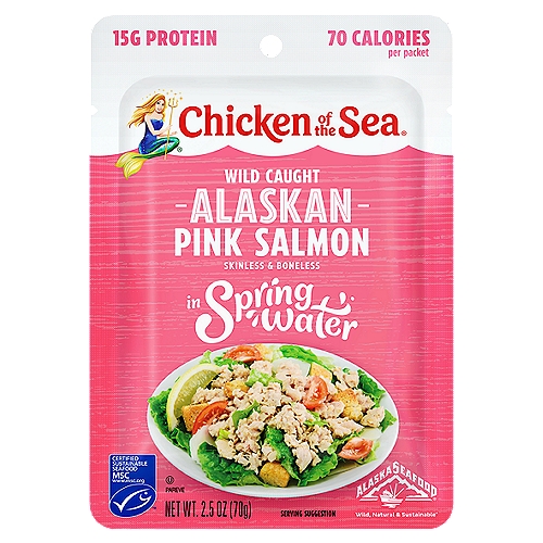 Chicken of the Sea Skinless & Boneless Pink Salmon, 2.5 oz
Hearth healthy omega-3*
*Supportive but not conclusive research shows that consumption of EPA and DHA omega-3 fatty acids may reduce the risk of coronary heart disease. One serving of salmon provides 0.4 grams of EPA and DHA omega-3 fatty acids.