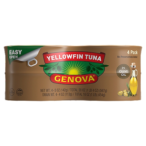 Genova Yellowfin Tuna in Olive Oil, 5 oz, 4 count
Premium Yellowfin Tuna

Genova® yellowfin tuna fillets are hand-selected, wild-caught and packed in just the right amount of olive oil, delivering a simply flavorful experience!