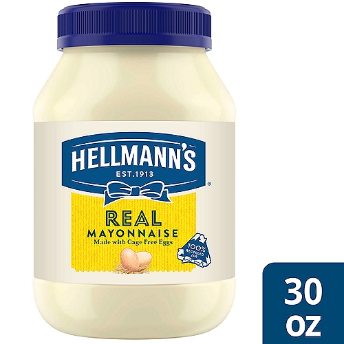 Hellmann's Real Mayonnaise Real Mayo 30 oz
Hellmann's Real Mayonnaise is proudly made with real, simple ingredients like cage-free eggs, oil and vinegar. We know that to really "Bring Out The Best," we need to do more than just taste great. That's why our delicious Blue Ribbon Quality Mayonnaise is made with real eggs, oil and vinegar sourced from trusted American farms. Even after 100 years, we're still committed to using premium ingredients to craft the highest quality mayonnaise. It's simple. We use the finest, real ingredients in Hellmann's Real. In fact, we use 100% cage-free eggs and are committed to 100% responsibly sourced soybean oil. Our authentic mayonnaise is rich in Omega 3-ALA (contains 650mg ALA per serving, which is 40% of the 1.6g Daily Value for ALA), and is also gluten-free and certified kosher. And nothing beats the taste of real mayo. It's the ideal condiment for spreading on sandwiches and wraps, grilling juicy burgers, mixing creamy dips, and preparing fresh salads or dressing. Use it to make outrageously delicious meals like our Parmesan Crusted Chicken and Best Ever Juicy Burger, and even turn your Thanksgiving leftovers into a deliciously creamy meal with our Turkey Casserole. Hellmann's is known as Best Foods West of the Rockies. Discover our recipes, products, information about our sourcing, and more on our website, Hellmanns.com.