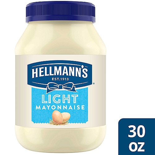 Hellmann's Light Mayonnaise Light Mayo 30 oz
Enjoy the deliciously light, creamy taste of America's #1 light mayonnaise! Made with 100% cage-free eggs, Hellmann's Light Mayonnaise has only 35 calories per tablespoon and 3.5g of fat per serving — that's 60% less fat and calories but all the rich, creamy flavor of Hellmann's Real Mayonnaise. 

Our Light Mayonnaise is also a good source of Omega-3-ALA (it contains 230 mg ALA per serving, which is 14% of the 1.6g Daily Value for ALA), and gluten-free and certified kosher. People really love the taste of our Light Mayonnaise; it won a national blind taste test of leading brands among people with a preference. It's so good people can't tell the difference versus regular mayonnaise.

We know that to really “Bring Out the Best,'' we need to do more than just create products that taste good. That's why our delicious Blue Ribbon Quality Mayonnaise is made with ingredients sourced from trusted American farms, including 100% cage-free eggs and 100% responsibly sourced soybean oil. Even after 100 years, we're still committed to using premium ingredients to craft the highest quality mayonnaise.

Our light mayo is the ideal condiment for spreading on sandwiches and wraps, grilling juicy burgers, mixing creamy dips, and preparing fresh salads and simple meals. Find delicious recipes you can easily make at home with Hellmann's Mayonnaise on our website, Hellmanns.com. Hellmann's is known as Best Foods west of the Rockies.

Per Serving
This Product: Calories 35; Fat 3.5g
Mayonnaise: Calories 90; Fat 10g

Contains 220 mg of ALA per serving, which is 14% of the 1.6 g daily value for ALA.