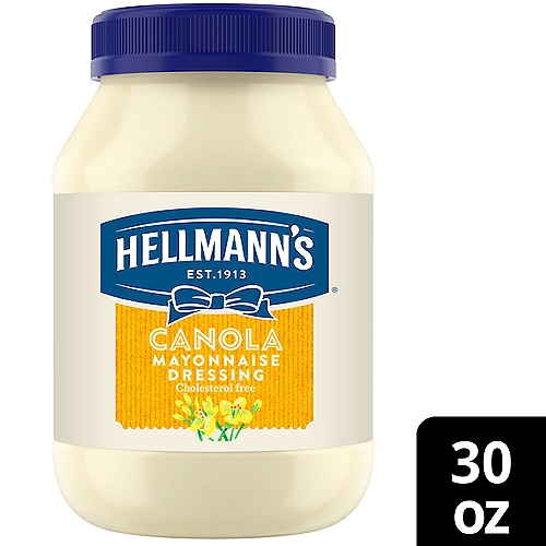 Hellmann's Canola Mayonnaise Dressing combines the creamy taste you love from Hellmann's with the delicious goodness of canola. Cholesterol free and with no saturated or trans fat per serving, it's a simple, delicious alternative to Hellmann's Real Mayonnaise. We use the finest, real ingredients, like eggs, oil and vinegar, in Hellmann's Canola Cholesterol-Free Mayonnaise Dressing. We know that to really ''Bring Out the Best,'' we need to do more than just taste great. Even after 100 years, we're still committed to using premium ingredients to craft the highest quality mayonnaise and mayonnaise dressings. In fact, we are committed to 100% responsibly sourced soybean oil. Hellmann's Canola Cholesterol Free Mayonnaise Dressing is a good source of Omega 3 ALA (contains 280mg ALA per serving, which is 18% of the 1.6g daily value for ALA) and is also gluten-free and certified kosher. This gluten-free mayonnaise is the ideal condiment for spreading on sandwiches and wraps, grilling juicy burgers, baking flavorful fish, mixing creamy dips, and preparing fresh salads. Use it to make delicious dishes like our Cod with Lemon-Herb Crust and more. Hellmann's is known as Best Foods West of the Rockies. Hellmann's is committed to reducing in-home food waste by 50% by 2030. We help people to enjoy good, honest food for the simple pleasure it is, without worry or waste. #MakeTasteNotWaste
