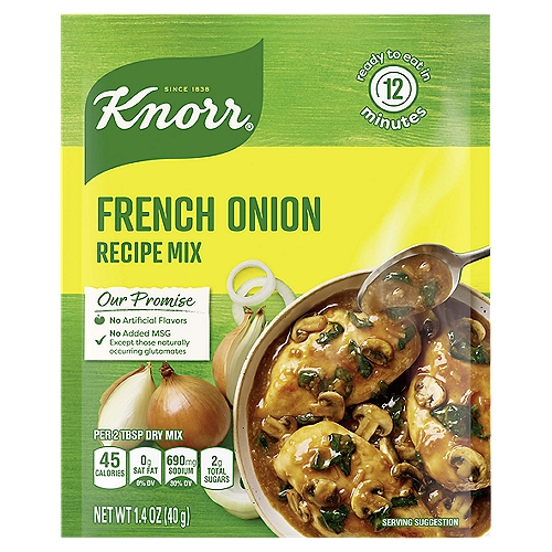Knorr Soup Mix and Recipe Mix French Onion (1.4oz) adds the rich flavor of caramelized onions to your favorite recipes. It's a simple way to make a great dish like French Onion Chicken or add extra savory flavor to your family's favorite recipes. From meatloaf and burgers to classic potato leek soup that's loaded with rich onion flavor, our Recipe Mixes are pantry essentials.nnYou can enjoy this Recipe Mix as a soup mix to give your family a savory, warming starter. Each package makes 3 cups of soup and cooks in just 12 minutes. It's also ideal to use as a dip mix. Simply mix it with sour cream, mayonnaise or cream cheese for a great side dish to enjoy with veggies, chips or crackers. As a main course, the possibilities are endless, from our signature French Onion Chicken to hundreds of other recipes you can find at Knorr.com. nnGive your burgers, meatloaf, gravies and other simple meals rich depth with this dry soup mix. And if you're in the mood to try something different, you're in luck. Knorr Recipe Mix comes in three other varieties: Leek, Vegetable and Spring Vegetable, which pack lots of authentic, home cooked flavor into convenient soup mixes.nnAt Knorr, we believe that good food matters and everyday meals can be just as magical as special occasions. Knorr products owe their taste and flavors to the culinary skills and passion of our chefs. We source high-quality ingredients to create delicious side dishes, bouillons, sauces, gravies, soups, and seasonings enjoyed by families everywhere.