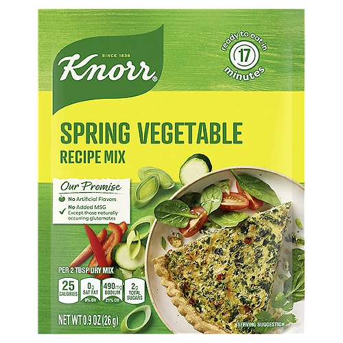 Knorr Recipe Mix Spring Vegetable (0.9 oz) adds the rich flavor of fresh veggies to your favorite recipes. It's a simple way to make a great dish like Spring Vegetable Quiché or add extra savory flavor to your family's favorite recipes. From meatloaf and burgers to classic potato leek soup that's loaded with rich mirepoix flavor, our Recipe Mixes are pantry essentials.nnYou can enjoy this Recipe Mix as a soup mix to give your family a savory, warming starter. Each package makes 3 cups of soup and cooks in just 17 minutes. It's also ideal to use as a dip mix. Simply mix it with sour cream, mayonnaise or cream cheese for a great side dish to enjoy with veggies, chips or crackers. As a main course, the possibilities are endless, from our signature Spring Vegetable Quiché to hundreds of other recipes you can find at Knorr.com. nnGive your pastas, chicken dishes, egg dishes and other simple meals rich depth with this dry soup mix. And if you're in the mood to try something different, you're in luck. Knorr Recipe Mix comes in three other varieties: Leek, Vegetable and French Onion, which pack lots of authentic, home cooked flavor into convenient soup mixes.nnAt Knorr, we believe that good food matters and everyday meals can be just as magical as special occasions. Knorr products owe their taste and flavors to the culinary skills and passion of our chefs. We source high-quality ingredients to create delicious side dishes, bouillons, sauces, gravies, soups, and seasonings enjoyed by families everywhere.