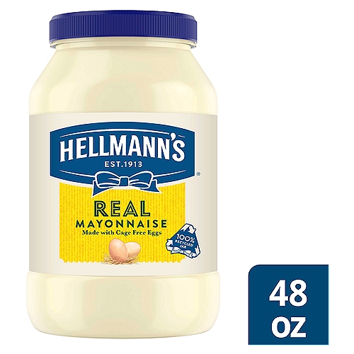 Hellmann's Real Mayonnaise Real Mayo 48 oz
Hellmann's Real Mayonnaise is proudly made with real, simple ingredients like cage-free eggs, oil and vinegar. We know that to really ''Bring Out The Best,'' we need to do more than just taste great. That's why our delicious Blue Ribbon Quality Mayonnaise is made with real eggs, oil and vinegar sourced from trusted American farms. 

Even after 100 years, we're still committed to using premium ingredients to craft the highest quality mayonnaise. It's simple. We use the finest, real ingredients in Hellmann's Real. In fact, we use 100% cage-free eggs and are committed to 100% responsibly sourced soybean oil. Our authentic mayonnaise is rich in Omega-3-ALA (contains 650mg ALA per serving, which is 40% of the 1.6g Daily Value for ALA), and is also gluten-free and certified kosher. And nothing beats the taste of real mayo. It's the ideal condiment for spreading on sandwiches and wraps, grilling juicy burgers, mixing creamy dips, and preparing fresh salads. 

Use it to make outrageously delicious meals like our Parmesan Crusted Chicken and Best Ever Juicy Burger, and even turn your Thanksgiving leftovers into a deliciously creamy meal with our Turkey Casserole. Hellmann's is known as Best Foods West of the Rockies. Discover our recipes, products, information about our sourcing, and more on our website, Hellmanns.com.

Contains 660 mg of ALA per serving, which is 41% of the 1.6 g daily value for ALA.