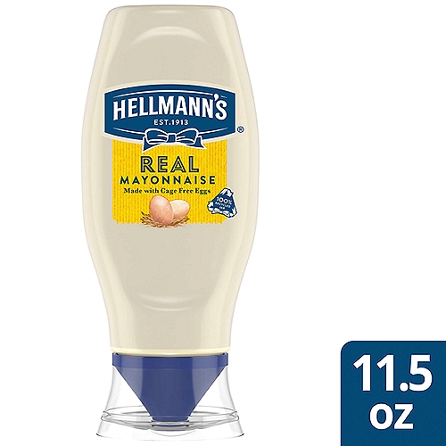 Hellmann's Real Mayonnaise is proudly made with real, simple ingredients like cage-free eggs, oil and vinegar. We know that to really ''Bring Out The Best,'' we need to do more than just taste great. That's why our delicious Blue Ribbon Quality Mayonnaise is made with real eggs, oil and vinegar sourced from trusted American farms. And it comes in a convenient real mayo squeeze bottle that makes it easy to add it to your favorites. nnEven after 100 years, we're still committed to using premium ingredients to craft the highest quality mayonnaise. It's simple. We use the finest, real ingredients in Hellmann's Real. In fact, we use 100% cage-free eggs and are committed to 100% responsibly sourced soybean oil. Our authentic mayonnaise is rich in Omega 3-ALA (contains 650mg ALA per serving, which is 40% of the 1.6g Daily Value for ALA), and is also gluten-free and certified kosher. And nothing beats the taste of real mayo. It's the ideal condiment for spreading on sandwiches and wraps, grilling juicy burgers, mixing creamy dips, and preparing fresh salads. nnUse it to make outrageously delicious meals like our Parmesan Crusted Chicken and Best Ever Juicy Burger, and even turn your Thanksgiving leftovers into a deliciously creamy meal with our Turkey Casserole. Hellmann's is known as Best Foods West of the Rockies. Discover our recipes, products, information about our sourcing, and more on our website, Hellmanns.com.