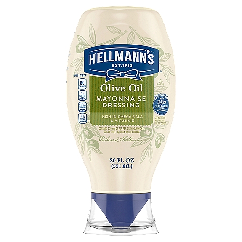 Hellmann's Mayonnaise Dressing with Olive Oil 20 oz
Hellmann's Olive Oil Mayonnaise Dressing combines the creamy, rich taste you love from Hellmann's with the delicious goodness of olive oil. It's simple. Only the finest-quality ingredients - like cage-free eggs, responsibly sourced oils, and vinegar - make it inside Hellmann's Olive Oil Mayonnaise Dressing. We know that to really ''Bring Out the Best,'' we need to do more than just taste great. Even after 100 years, we're still committed to using premium ingredients to craft the highest-quality mayonnaise and mayonnaise dressings. In fact, we use 100% cage-free eggs and are committed to responsibly sourced soybean oil. No wonder we make simple meals tasty and deliver the rich and creamy taste America loves. Hellmann's Olive Oil Mayonnaise Dressing is an excellent source of Omega-3 ALA (containing 360mg ALA per serving, which is 22% of the 1.6g daily value for ALA), with 0g of trans fat per serving, and is also gluten-free and certified kosher. Our unique squeeze bottle, with a clean lock cap and precision tip, lets you squeeze with ease, and gives you the control to get your Hellmann's exactly where you want it. It's the ideal condiment for spreading onto sandwiches and wraps, grilling juicy burgers, baking flavorful fish, mixing creamy dips, and preparing fresh salads. Hellmann's is known as Best Foods west of the Rockies. Discover our recipes, products, information about our sourcing, and more on our website, Hellmanns.com.

Contains 390mg of ALA per Serving, which is 24% of the 1.6g Daily Value for ALA

Per Serving Calories
This Product 60
Mayonnaise 90