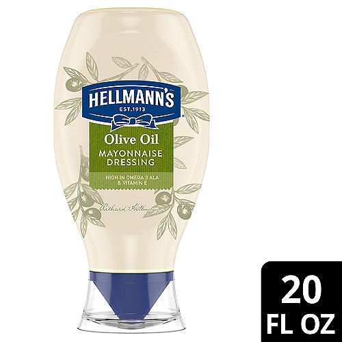 Hellmann's Olive Oil Mayonnaise Dressing combines the creamy, rich taste you love from Hellmann's with the delicious goodness of olive oil. It's simple. Only the finest-quality ingredients - like cage-free eggs, responsibly sourced oils, and vinegar - make it inside Hellmann's Olive Oil Mayonnaise Dressing. We know that to really ''Bring Out the Best,'' we need to do more than just taste great. Even after 100 years, we're still committed to using premium ingredients to craft the highest-quality mayonnaise and mayonnaise dressings. In fact, we use 100% cage-free eggs and are committed to responsibly sourced soybean oil. No wonder we make simple meals tasty and deliver the rich and creamy taste America loves. Hellmann's Olive Oil Mayonnaise Dressing is an excellent source of Omega-3 ALA (containing 360mg ALA per serving, which is 22% of the 1.6g daily value for ALA), with 0g of trans fat per serving, and is also gluten-free and certified kosher. Our unique squeeze bottle, with a clean lock cap and precision tip, lets you squeeze with ease, and gives you the control to get your Hellmann's exactly where you want it. It's the ideal condiment for spreading onto sandwiches and wraps, grilling juicy burgers, baking flavorful fish, mixing creamy dips, and preparing fresh salads. Hellmann's is known as Best Foods west of the Rockies.