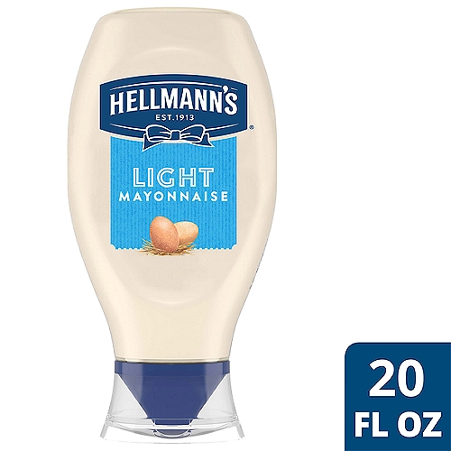 HELLMANNS Light Mayonnaise Light Mayo Squeeze Bottle 20 oz
Enjoy the deliciously light, creamy taste of America's #1 light mayonnaise! Made with 100% cage-free eggs, Hellmann's Light Mayonnaise has only 35 calories per tablespoon and 3.5g of fat per serving — that's 60% less fat and calories but all the rich, creamy flavor of Hellmann's Real Mayonnaise. And it comes in an easy-to-use mayo squeeze bottle for your convenience. 

Our Light Mayonnaise is also a good source of Omega-3-ALA (it contains 230 mg ALA per serving, which is 14% of the 1.6g Daily Value for ALA), and it's also gluten-free and certified kosher. People really love the taste of our Light Mayonnaise; it won a national blind taste test of leading brands among people with a preference. It's so good people can't tell the difference versus regular mayonnaise.

We know that to really “Bring Out the Best,'' we need to do more than just create products that taste good. That's why our delicious Blue Ribbon Quality Mayonnaise is made with ingredients sourced from trusted American farms, including 100% cage-free eggs and 100% responsibly sourced soybean oil. Even after 100 years, we're still committed to using premium ingredients to craft the highest quality mayonnaise.

Our light mayo is the ideal condiment for spreading on sandwiches and wraps, grilling juicy burgers, mixing creamy dips, and preparing fresh salads and simple meals. Find delicious recipes you can easily make at home with Hellmann's Mayonnaise on our website, Hellmanns.com. Hellmann's is known as Best Foods west of the Rockies.

Per Serving
This Product: Calories 35; Fat 3.5g
Regular Mayonnaise: Calories 90; Fat 10g