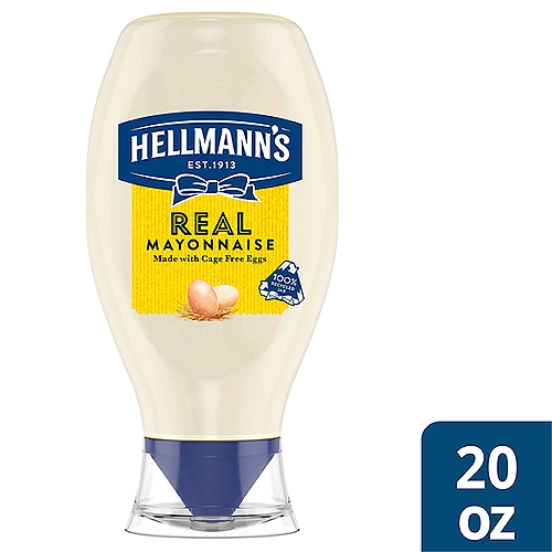 Hellmann's Real Mayonnaise is proudly made with real, simple ingredients like cage-free eggs, oil and vinegar. We know that to really ''Bring Out The Best,'' we need to do more than just taste great. That's why our delicious Blue Ribbon Quality Mayonnaise is made with real eggs, oil and vinegar sourced from trusted American farms. And it comes in a convenient real mayo squeeze bottle that makes it easy to add it to your favorites. nnEven after 100 years, we're still committed to using premium ingredients to craft the highest quality mayonnaise. It's simple. We use the finest, real ingredients in Hellmann's Real Mayonnaise. In fact, we use 100% cage-free eggs and are committed to 100% responsibly sourced soybean oil. Our authentic mayonnaise is rich in Omega 3-ALA (contains 650mg ALA per serving, which is 40% of the 1.6g Daily Value for ALA), and is also gluten-free and certified kosher. And nothing beats the taste of real mayo. It's the ideal condiment for spreading on sandwiches and wraps, grilling juicy burgers, mixing creamy dips, and preparing fresh salads. nnUse it to make outrageously delicious meals like our Parmesan Crusted Chicken and Best Ever Juicy Burger, and even turn your Thanksgiving leftovers into a deliciously creamy meal with our Turkey Casserole. Hellmann's is known as Best Foods West of the Rockies. Discover our recipes, products, information about our sourcing, and more on our website, Hellmanns.com.