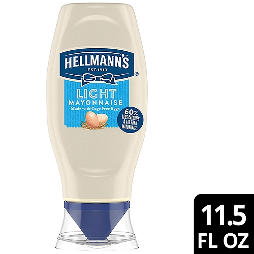 Enjoy the delicious, light and creamy taste of America's #1 Light mayonnaise! With 100% cage-free eggs, 35 calories per tablespoon and 3.5g of fat per serving, Hellmann's mayo light has less than half the fat and calories but all the rich, creamy flavor of Hellmann's Real. And people really love its taste: Hellmann's Light Mayonnaise Sandwich Spread won a national blind taste test of leading brands among people with a preference. It's so good most people can't tell the difference versus regular mayonnaise. However, we know that to really ''Bring Out The Best,'' we need to do more than just taste great. That's why our delicious Blue Ribbon Quality Mayonnaise Condiment is made with 100% cage-free eggs, oil and vinegar sourced from trusted American farms. Even after 100 years, we're still committed to using premium ingredients to craft the highest quality mayonnaise and condiments. In fact, we use 100% cage-free eggs and are committed to 100% responsibly sourced soybean oil. Our deliciously creamy light mayonnaise is a good Source of Omega 3-ALA (contains 230mg ALA per serving, which is 14% of the 1.6g Daily Value for ALA) and is also gluten-free and certified kosher. It is the ideal condiment for spreading on sandwiches and wraps, grilling juicy burgers, mixing creamy dips, and preparing fresh salads and simple meals. Use it to make outrageously delicious (and nutritious!) dishes like our Spinach & Almond Crusted Chicken, Black Bean & Corn Salsa and Spinach and Lemon Crusted Dill Cod. Hellmann's is known as Best Foods West of the Rockies.
