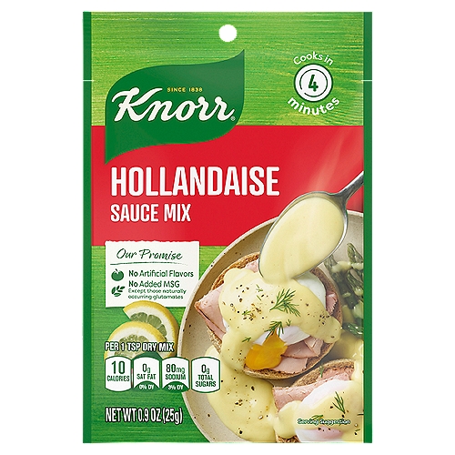 **Please note: packaging may vary ** Whisking together a classic French hollandaise, the old-fashioned way, can quickly get unpleasant, especially if the sauce breaks, and you have to start all over! Our Knorr Hollandaise Sauce Mix takes all that arm work, and guesswork, out of the process. Ready in just 4 minutes, this creamy topping is perfect for elevating weeknight baked haddock or transforming roasted asparagus into a veggie side, of which your little ones will clamor to get seconds. nnDo you have fish-phobia? We love topping tender, pan-roasted chicken breasts with hollandaise. Serve that with some of the roasted asparagus we've been talking about, and you've got one seriously satisfying dinner. The last--but certainly not least--dish we love to drizzle with hollandaise is a perfectly cooked Eggs Benedict. Can you think of a dish more suited perfectly for its creamy goodness? We can't, especially with all that rich, runny, golden yolk. Perfection. nnOur Sauces are fantastic whenever you're looking for a delicious meal topping in a pinch. Knorr Sauce Mixes have no artificial flavors and no added MSG, except those naturally occurring glutamates. With seven sauce mixes to choose from, we're sure you'll find something to help you turn a simply wonderful dinner into a winning one. From a buttery Béarnaise studded with tarragon and parsley that's all but tailor-made for a medium-rare steak to a delectable pasta-ready Parma Rosa that'll make you forget about your favorite vodka sauce, our mixes are sure to make every dish from your home kitchen taste like it came straight out of a restaurant.n nDiscover more quick and delicious dinner ideas at Knorr.com. Hundreds of recipes are available to help you find dinner inspiration. We at Knorr believe that good food matters, and everyday meals can be just as magical as special occasions. Our products owe their taste and flavors to the culinary skills and passion of our chefs, and we source high-quality ingredients to create delicious side dishes, bouillons, sauces, gravies, soups, and seasonings enjoyed by families everywhere.nnA Classic French Butter Sauce Enhanced with Lemon