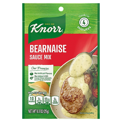**Please note: packaging may vary ** Knorr Sauce Mix Bearnaise (0.9oz) is a silky, buttery sauce studded with hints of tarragon and other herbs and spices. Traditionally made with egg yolks, butter, shallots, and tarragon, this easy sauce mix makes it easy to enjoy a cooking classic without all the hard work and whisking.nnVelvety bearnaise is the perfect topping for a medium-rare steak, so it's a fantastic alternative to steak sauce, gravy, or au jus mix when you feel like having something a little out of the ordinary. nnOn the nights that red meat is not on the menu, bearnaise is delicious on veggies, on poached eggs, in potato salads, and on fish and chicken breasts. With each bearnaise mix packet turning into 1 1/4 cups of sauce in just 4 minutes, it's an easy way to jazz up your family's favorite weeknight standbys and simple meals. nnOur Sauce Mix is fantastic whenever you're looking for a delicious meal topping in a pinch. Knorr Sauce Mixes have no artificial flavors and no added MSG, except those naturally occurring glutamates. With seven sauces to choose from, we're sure you'll find something to help you transform a simply wonderful dinner into a winning one. From a velvety, cream-based version of our Pesto Pasta Sauce to a buttery Hollandaise Sauce that's all but irresistible on poached eggs and fish, our mixes will make every dish from your home kitchen taste like it came straight from a restaurant.nnDiscover more quick and delicious dinner ideas at Knorr.com. Hundreds of recipes are available to help you find dinner inspiration. We at Knorr believe that good food matters, and everyday meals can be just as magical as special occasions. Our products owe their taste and flavors to the culinary skills and passion of our chefs, and we source high-quality ingredients to create delicious side dishes, bouillons, sauces, gravies, soups, and seasonings enjoyed by families everywhere.