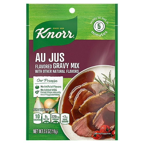 Please note: packaging may vary Our Beef Au Jus Gravy Mix brings a rich, delicately seasoned flavor to any dish, which serves as the perfect addition to anyone's kitchen. This hearty, easy-to-prepare gravy mix is the perfect accompaniment to your favorite meat, poultry and side dishes. Knorr Gravy Mix is made with no artificial flavors and no added MSG, except those naturally occurring glutamates, which is why it's always a staple at dinner tables. We ladle it over buttery mashed potatoes--skins on, always--for an instantly hearty side. It's also the secret behind our super-satisfying Beef Bourguignon. Here at Knorr, we know that making a great gravy can take hours. It takes time to roast the meat and collect the drippings before working it into a gravy on the stove. That's why our chefs take the effort to make sure all four of our Gravy Mixes taste like they took hours to make. Try mixing some turkey drippings into our Roasted Turkey Gravy Mix next Thanksgiving; we're positive your guests won't be able to tell the difference! Discover more quick and delicious dinner ideas at Knorr.com. Hundreds of recipes are available to help you find dinner inspiration. We at Knorr believe that good food matters, and everyday meals can be just as magical as special occasions. Our products owe their taste and flavors to the culinary skills and passion of our chefs, and we source high-quality ingredients to create delicious side dishes, bouillons, sauces, gravies, soups, and seasonings enjoyed by families everywhere.