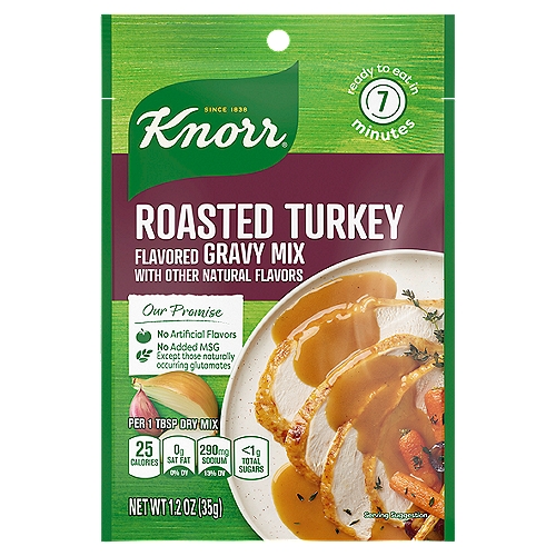 Knorr Turkey Gravy Mix Roasted Turkey 1.2 oz
**Please note: packaging may vary ** We don't mince words when we say we absolutely love our Knorr Roasted Turkey Gravy Mix. Sure, we're all about eating as much of its warming goodness as we can during the holidays, but there's always something extra-satisfying about digging into a heaping bowl of gravy, regardless of what time of year it is. This delicious gravy mix contains no artificial flavors and no added MSG, except those naturally occurring glutamates. And we don't mean to brag, but we have some pretty high standards for gravy. 

Our Roasted Turkey Gravy Mix is a savory delight that delivers the delicious flavor you love, without the trouble of cooking a bird. Our turkey gravy mix makes comfort foods like our Poutine or Turkey Pot Pie easier to whip up than ever. 

Here at Knorr, we know that making a great gravy or sauce can take hours. It takes time to roast the meat and collect the drippings before working it into a gravy on the stove. That's why our chefs take the effort to make sure all four of our country Gravy Mixes, like our Au Jus and Brown Gravy, taste like they took hours to make. Try mixing some turkey drippings into our Roasted Turkey Gravy Mix next Thanksgiving; we're positive your guests won't be able to tell the difference!

Discover more quick and delicious dinner ideas at Knorr.com. Hundreds of recipes are available to help you find dinner inspiration. We at Knorr believe that good food matters, and everyday meals can be just as magical as special occasions. Our products owe their taste and flavors to the culinary skills and passion of our chefs, and we source high-quality ingredients to create delicious side dishes, bouillons, sauces, gravies, soups, and seasonings enjoyed by families everywhere.
