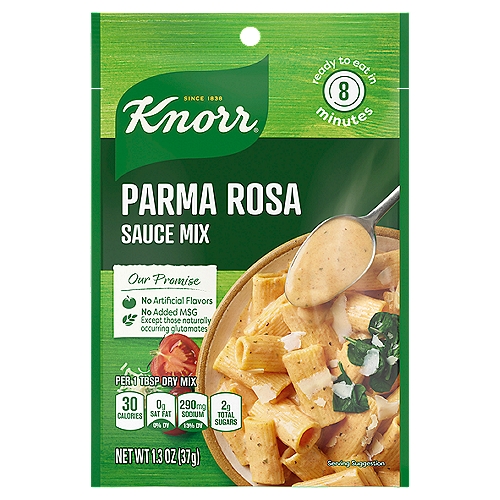 Knorr Sauce Mix Parma Rosa 1.3 oz
**Please note: packaging may vary ** We adore our Parma Rosa Sauce Mix! The mouth-watering aroma of sweet tomatoes gives this creamy pasta sauce mix the irresistible Italian flavor experience we crave. Our Knorr chefs took a classic Italian recipe and transformed it into this quick-to-prepare sauce mix that will take just about any dish you can imagine to the next level. Knorr Sauce Mix Parma Rosa delicious pasta sauce mix contains no artificial flavors and no added MSG except those naturally occurring glutamates. 

When it comes to the perfect vehicle for our Parma Rosa pasta sauce mix, you just can't beat good, old-fashioned pasta. Toss it in just as your noodles are freshly cooked, right after you've drained them, to really incorporate the flavor. Pile with plenty of grated Parmesan for an extra cheesy delight before serving. 

If weeknight pastas aren't your style, this sauce mix is your shortcut to all kinds of delicious yet simple meals. Try brushing boneless, skinless chicken breasts with our Knorr Parma Rosa Sauce before popping them into the oven. You'll instantly inject a bit of color while this easy sauce mix takes your white meat chicken from blah and dry to zesty and flavorful. 

Our Sauce Mixes are fantastic whenever you're looking for a delicious meal topping in a pinch. With a wide range of sauce mixes to choose from, we're sure you'll find something to help you turn a simply wonderful dinner into a winning one. From a velvety, cream-based version of our Pesto Sauce to a buttery Béarnaise that's all but tailor-made for a tender medium-rare steak, our mixes will make every dish from your home kitchen taste like it came straight from a restaurant.
