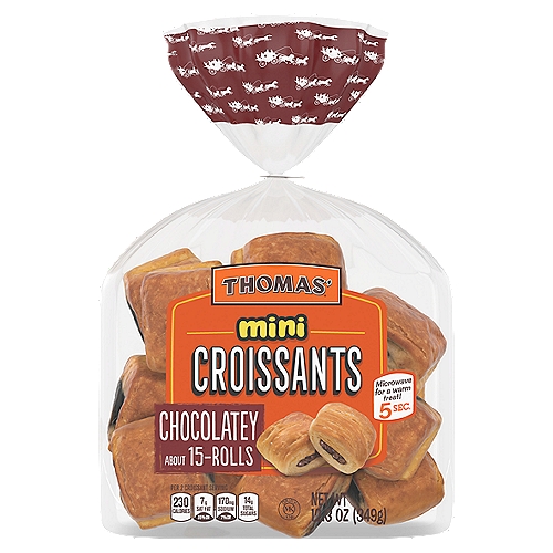 Thomas' Chocolatey Mini Croissants, 15 count, 12.3 oz
Thomas' Chocolatey Mini Croissants are the perfect meal or on-the-go snack with its mess-free, flakeless dough and convenient small size.