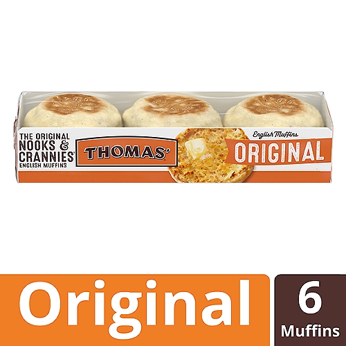 Thomas' Nooks & Crannies Original English Muffins, 6 count, 13 oz
The original Nooks & Crannies English Muffin toasts up crunchy on the outside and soft on the inside.