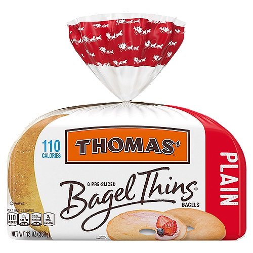 Thomas' Bagel Thins Plain Pre-Sliced Bagels, 8 count, 13 oz
Enjoy classic bagel taste at a size that supports your healthy lifestyle:
✓ 4g of fiber - a good source
✓ No high fructose corn syrup
✓ No cholesterol (a cholesterol free food)
✓ 0g trans fat