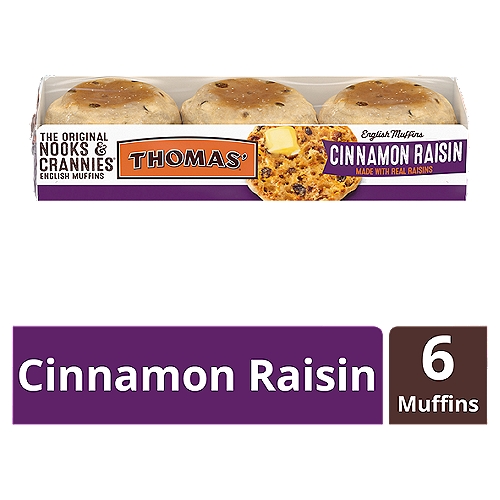 Thomas' Nooks & Crannies Cinnamon Raisin English Muffins, 6 count, 13 oz
The original Nooks & Crannies English Muffin with plump raisins and just enough cinnamon makes your day even sweeter.