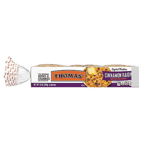 Thomas' Nooks & Crannies Cinnamon Raisin English Muffins Value Pack, 12 count, 1 lb 10 oz
The original Nooks & Crannies English Muffin with plump raisins and just enough cinnamon makes your day even sweeter.