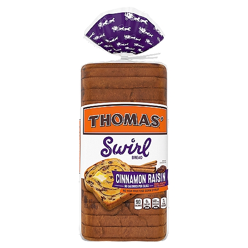 Thomas' Cinnamon Raisin Swirl Bread, 1 lb
Toast up a slice of Thomas'® Swirl Bread and enjoy the delicious, sweet, cinnamon taste and aroma that fills your kitchen.
You also can savor the great taste and quality knowing that each slice has 90 calories and contains no high fructose corn syrup.