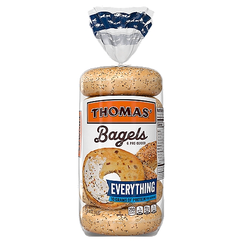 Thomas' Everything Pre-Sliced Bagels, 6 count, 1 lb 4 oz
Did you know that every serving of Thomas'® Everything bagels has...
✓ No artificial sweeteners
✓ No cholesterol (a cholesterol free food)
✓ 0g of trans fat
✓ No high fructose corn syrup