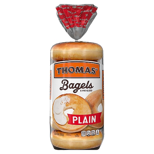 Thomas' Plain Pre-Sliced Bagels, 6 count, 1 lb 4 oz
Did you know that every serving of Thomas'® Plain bagels has...
✓ No artificial sweeteners
✓ No cholesterol (a cholesterol free food)
✓ 0g of trans fat
✓ No high fructose corn syrup