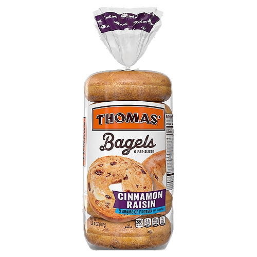 Thomas Cinnamon Raisin Pre-Sliced Bagels, 6 count, 1 lb 4 oz
Did you know that every serving of Thomas'® Cinnamon Raisin bagels has...
✓ No cholesterol (a cholesterol free food)
✓ 0g of trans fat