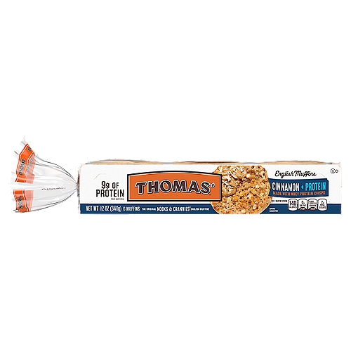 Thomas' Cinnamon Protein English Muffins, 6 count, 12 oz
The original Nooks & Crannies English Muffin made with cinnamon and 9g of protein to jump start your day.