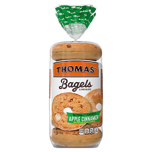Thomas' Apple Cinnamon Pre-Sliced Bagels, 6 count, 1 lb 4 oz
Did You Know that every serving of Thomas'® Apple Cinnamon bagels has...
✓ No artificial sweeteners
✓ No cholesterol (a cholesterol free food)
✓ 0g of trans fat
✓ No high fructose corn syrup