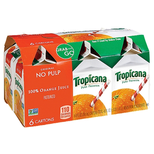Tropicana Pure Premium 100% Orange Juice Original No Pulp 8 Fl Oz 6 Count
The perfect combination of taste and nutrition! Tropicana Pure Premium® Original is 100% pure Florida orange juice, squeezed from fresh-picked oranges and never from concentrate. No wonder it's the #1 orange juice brand.