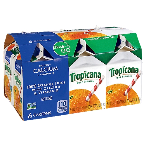Tropicana Pure Premium 100% Orange No Pulp with Calcium and Vitamin D 8 Fl Oz 6 Count
Tropicana Pure Premium® Calcium + Vitamin D is a delicious, convenient way to get more calcium and vitamin D in your diet! It is 100% pure orange juice with added Calcium and Vitamin D.
