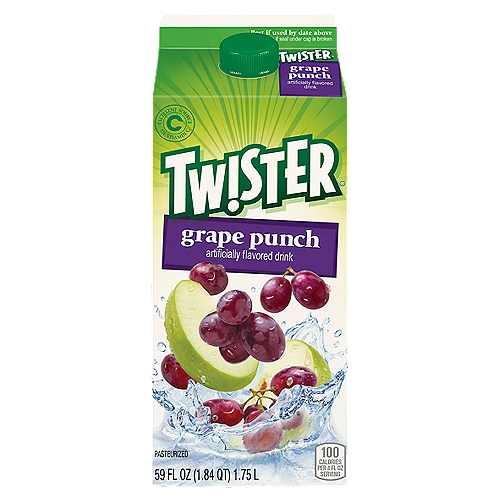 Tw!ster Grape Punch Flavored Drink 59 Fluid Ounce Paper Carton
Great tasting, all day refreshment!
Twister grape punch satisfies your thirst with great grape flavor. Each serving provides an excellent source of vitamin C.

Tropicana® Twister Grape Punch drink offers all day refreshment, plus a full day's supply of Vitamin C.