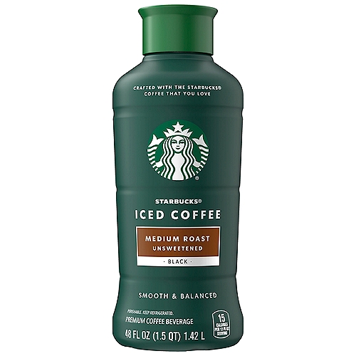 Starbucks Unsweetened Medium Roast Black Iced Coffee, 48 fl oz
Premium Coffee Beverage

Crafted with the Starbucks® Coffee that You Love

There is an Art to Our Medium Roast.
Our master blenders and roasters have balanced arabica coffee with subtle notes of nuttiness and cocoa for a taste that has both depth and everyday drinkability.
This coffee can be enjoyed over ice as-is (if that's how you like it), or personalized with your favorite milk, flavor or sweetener.